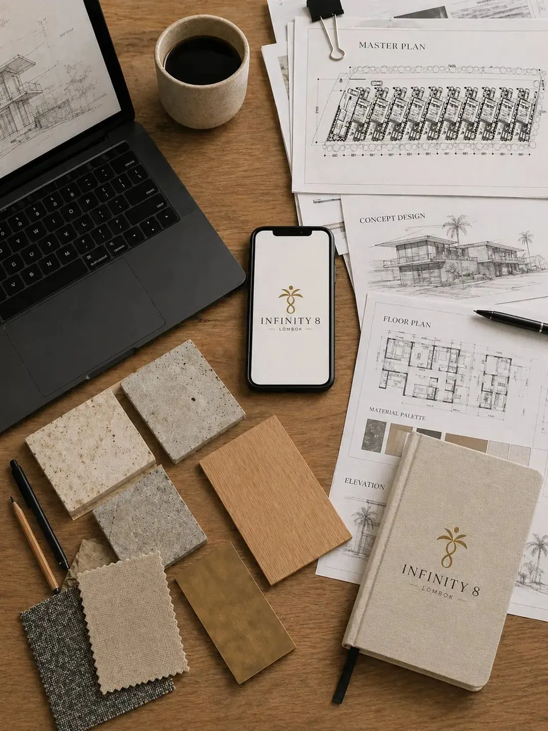Mesa de trabajo de Infinity 8: planos, master plan y muestras de materiales