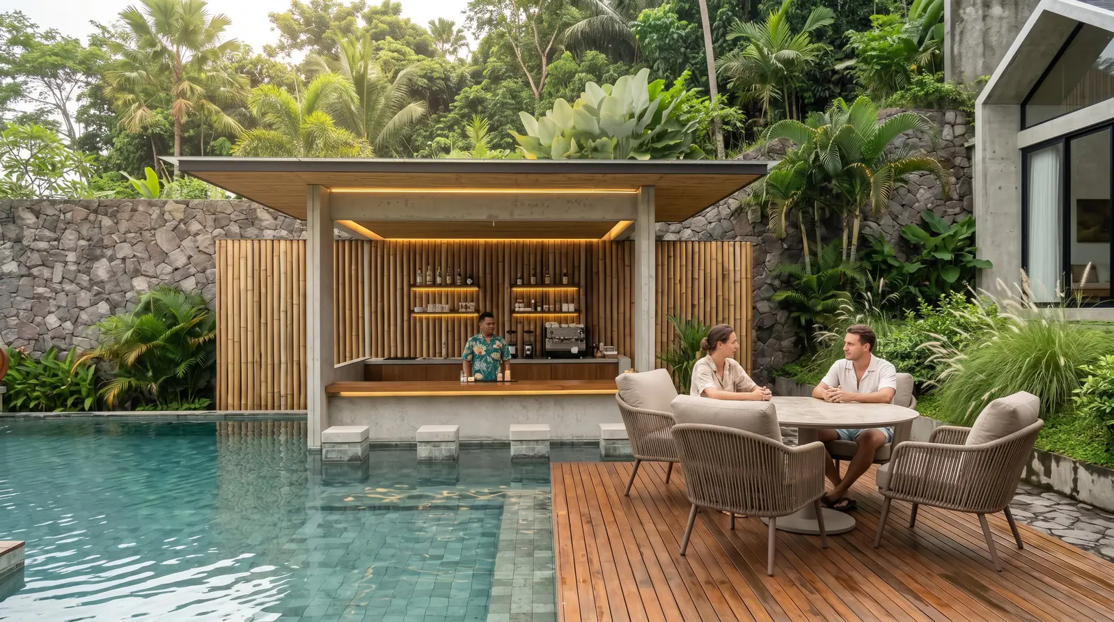 The Antipodes — bar de piscina y terraza de madera entre vegetación tropical