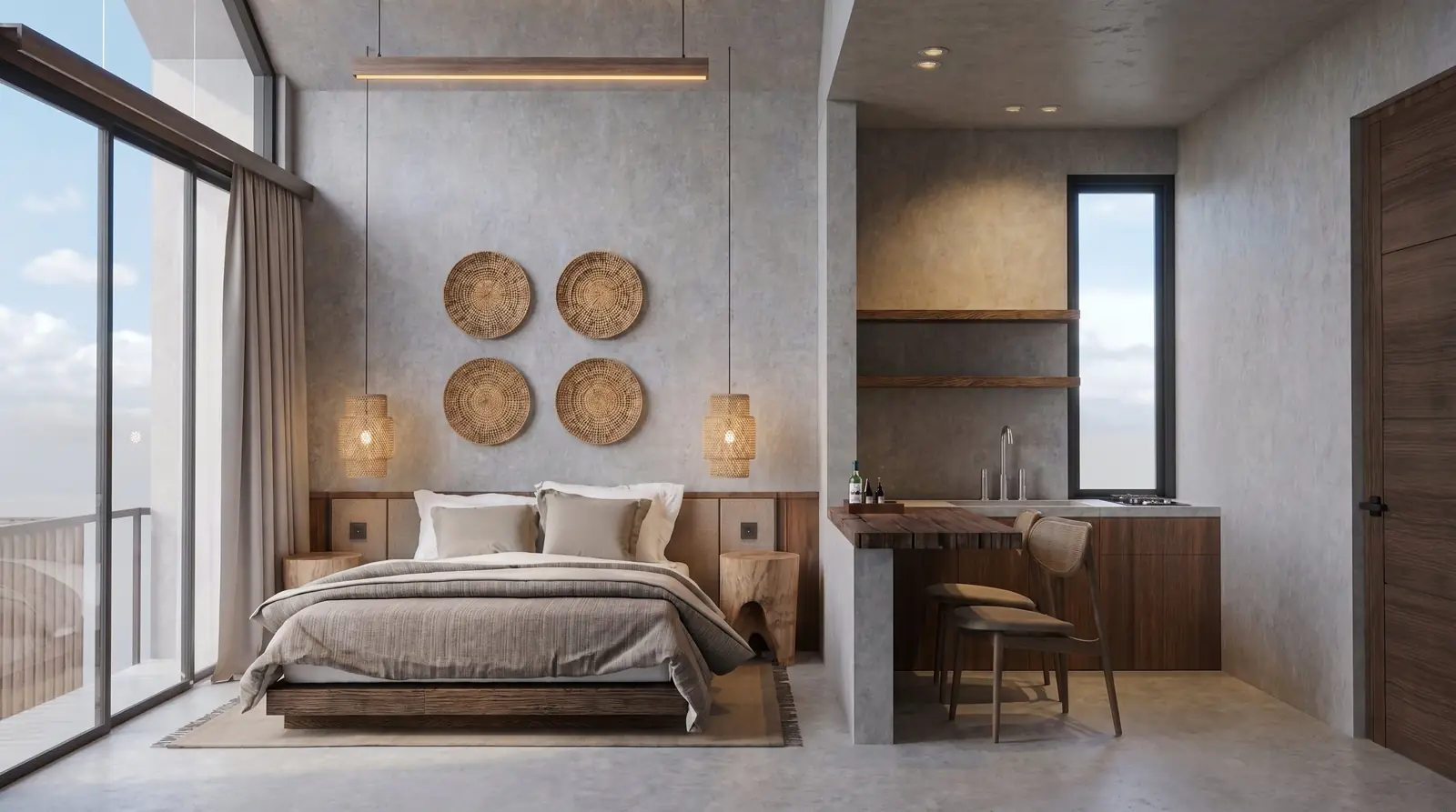 The Antipodes — estudio con cama, cocina office y ventanal, día