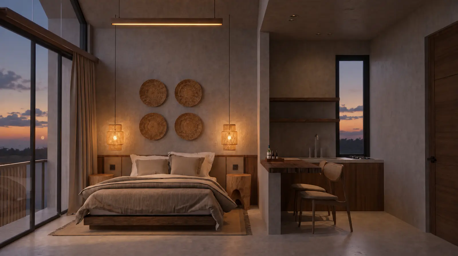 The Antipodes — estudio con cama, cocina office y ventanal, atardecer