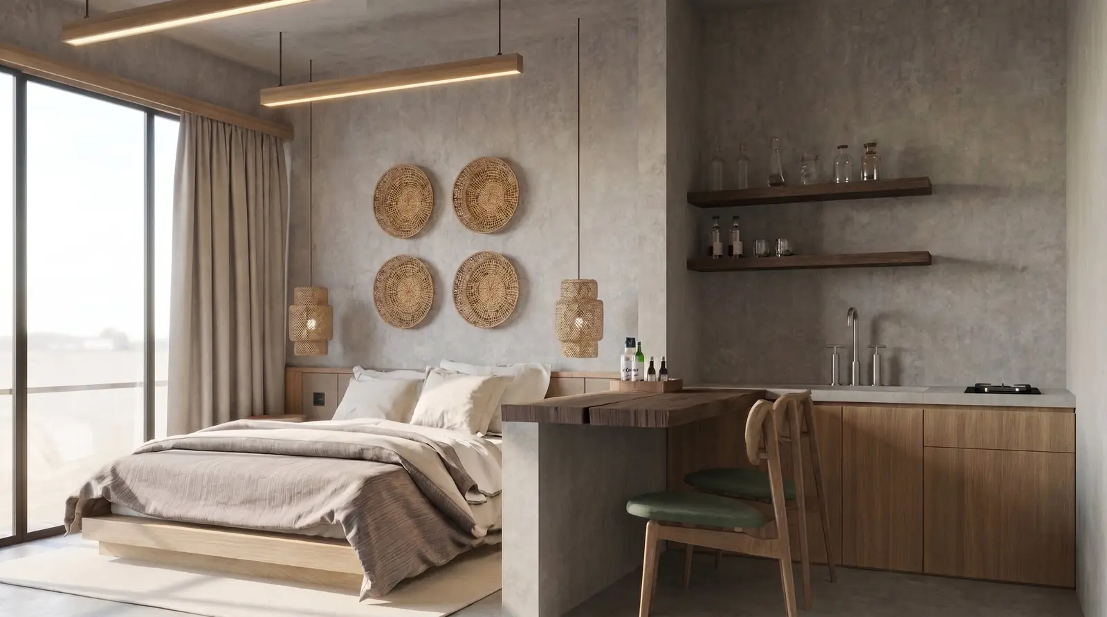 The Antipodes — estudio con barra de madera y cocina integrada