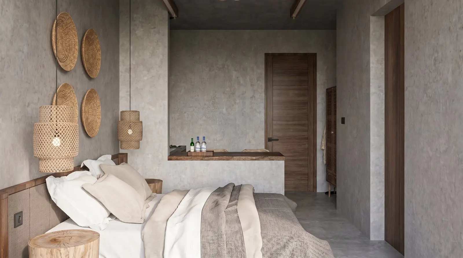The Antipodes — dormitorio con paredes de microcemento y cesterías decorativas