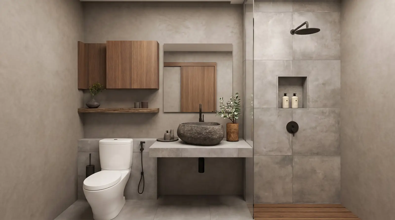 The Antipodes — baño con lavabo de piedra y ducha de lluvia