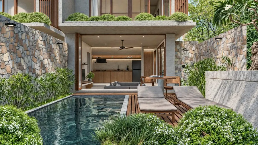 Infinity Villas — terraza exterior con piscina
