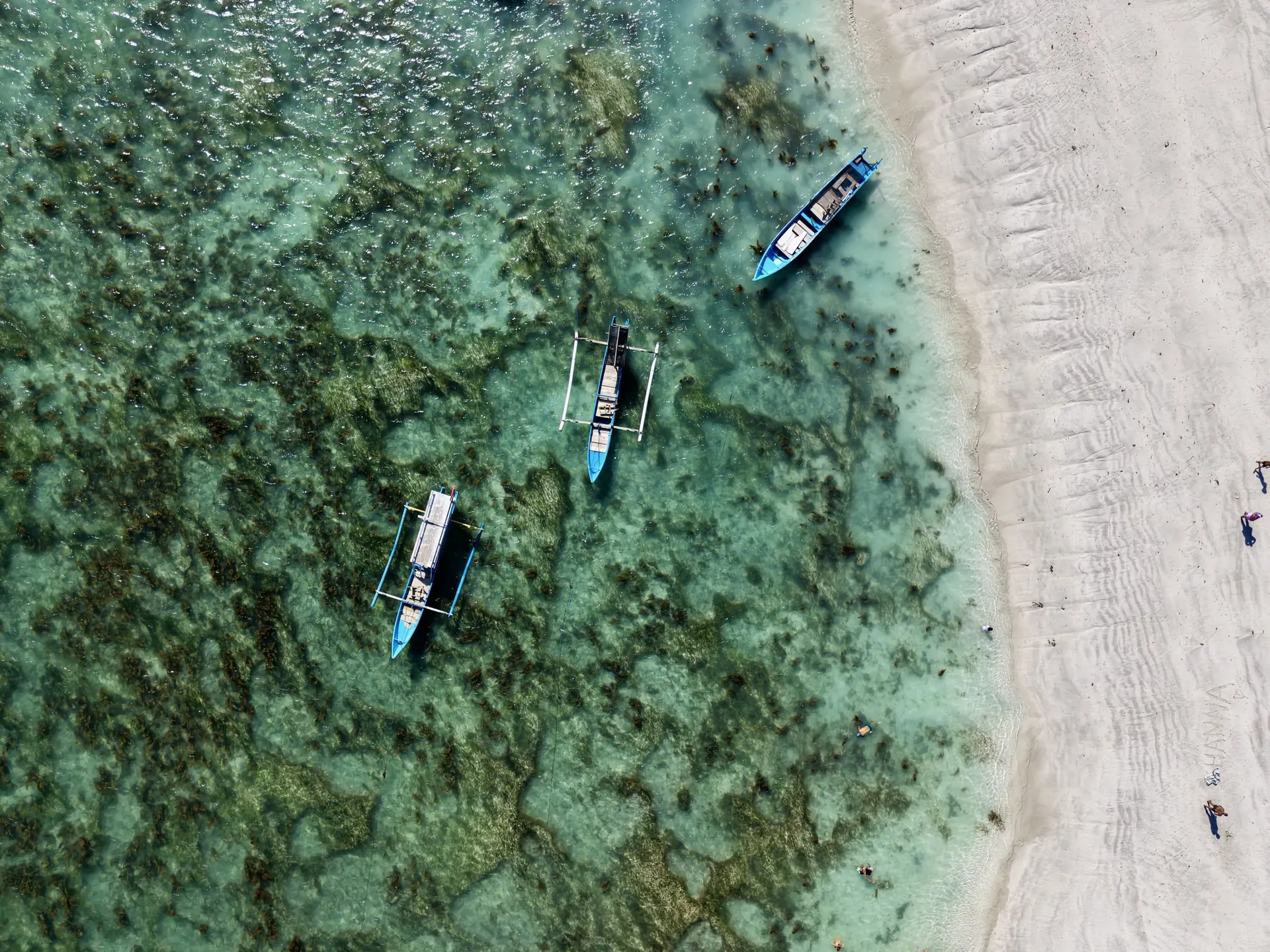 Vista aérea de barcas en la orilla de una playa del sur de Lombok