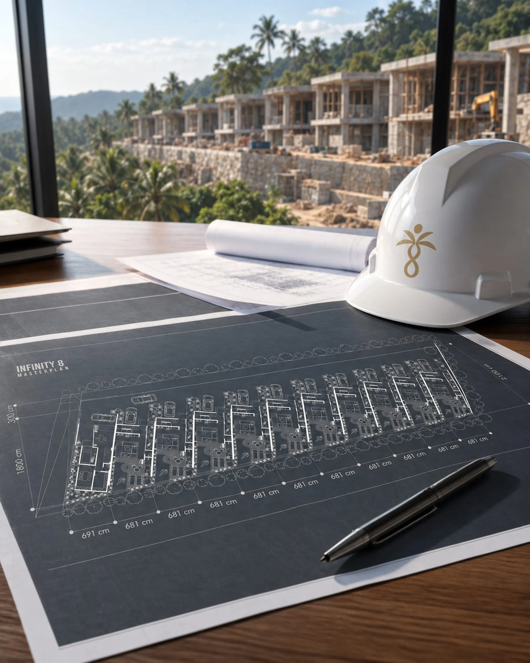 Masterplan de Infinity 8 sobre la mesa de trabajo, con casco de obra y vistas a Lombok