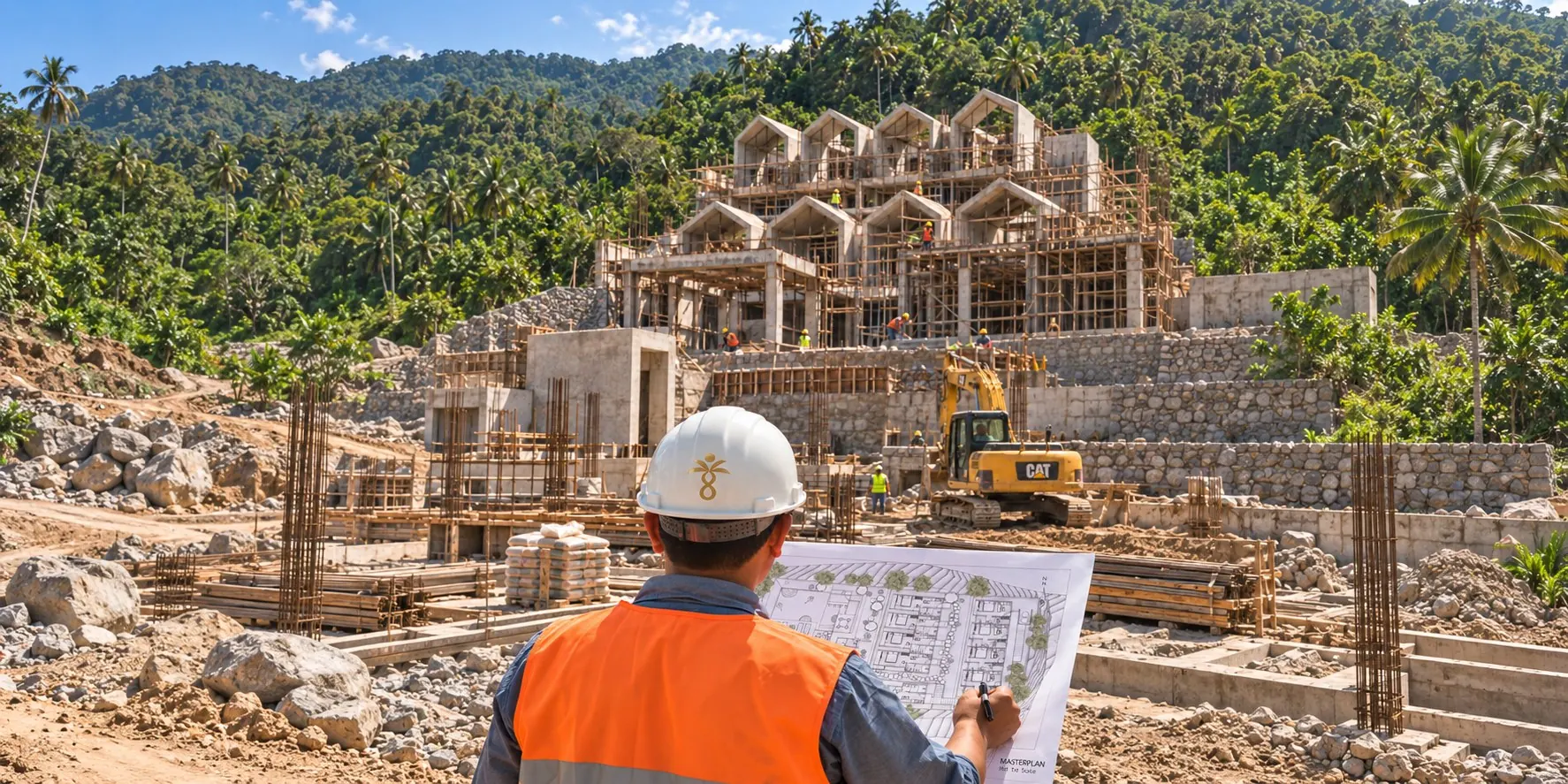 Supervisor de Infinity 8 revisando el masterplan frente a una obra en construcción en Lombok