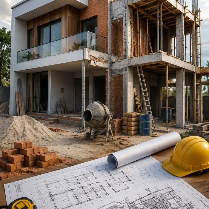 Villa en construcción con planos, casco y materiales de obra en primer plano