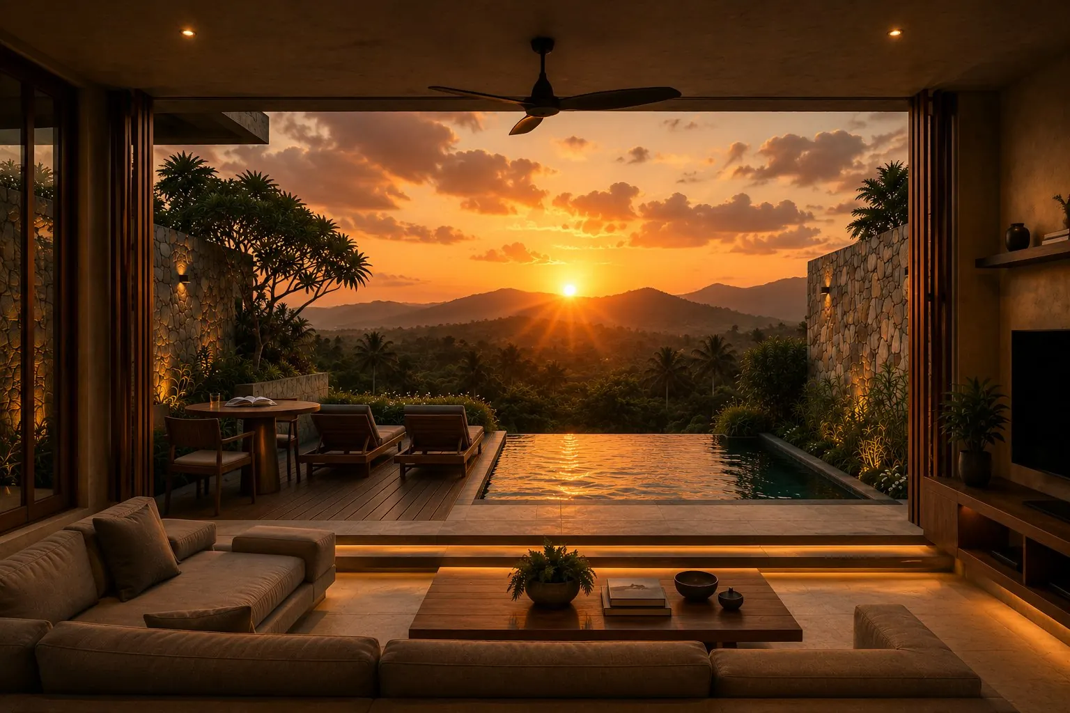 Infinity Villas — salón con vistas a la piscina infinita al atardecer